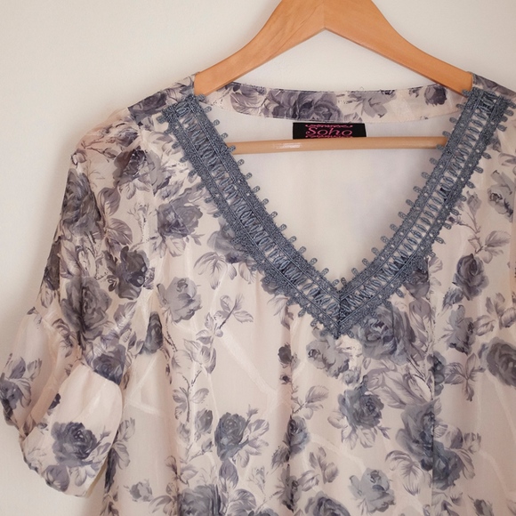 *Vintage* Rose Floral Print Ivory Gray-Blue Dress - Picture 2 of 3